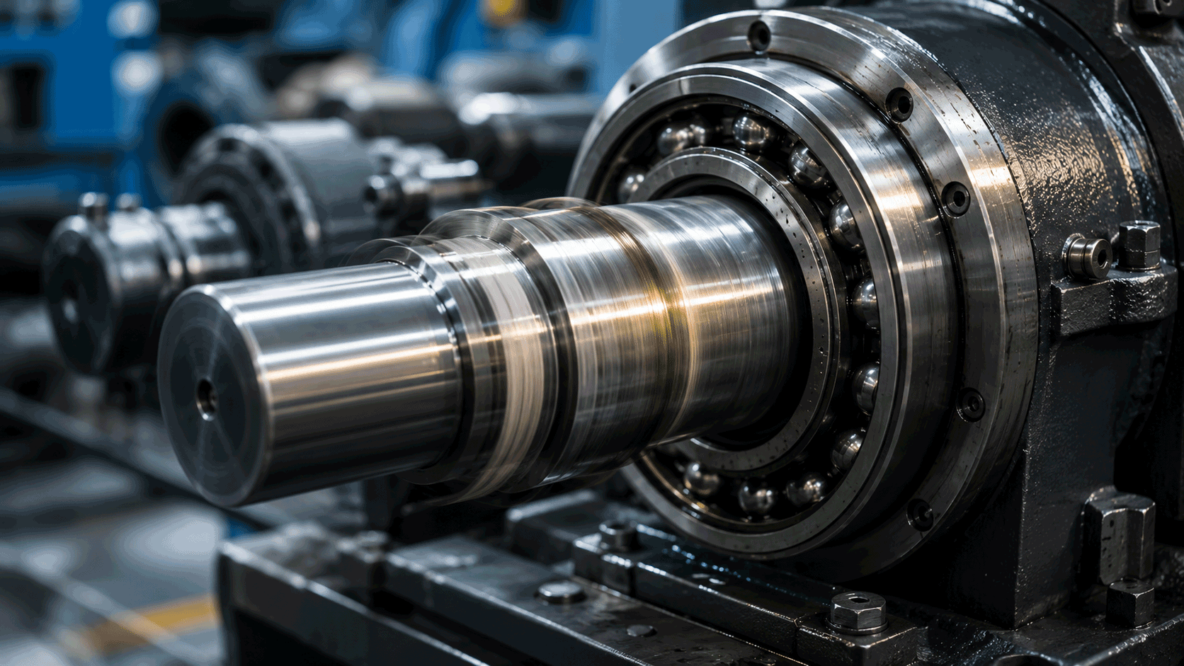 Eje industrial de alta velocidad con rodamiento integrado en funcionamiento