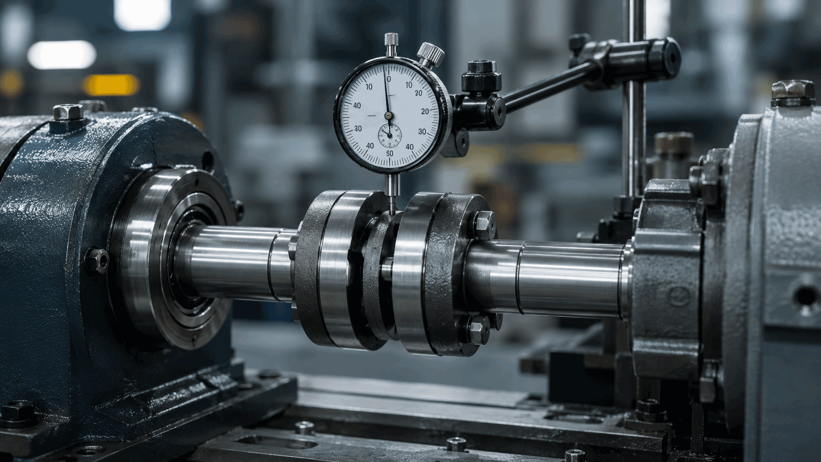 Medición de alineación en eje industrial con reloj comparador