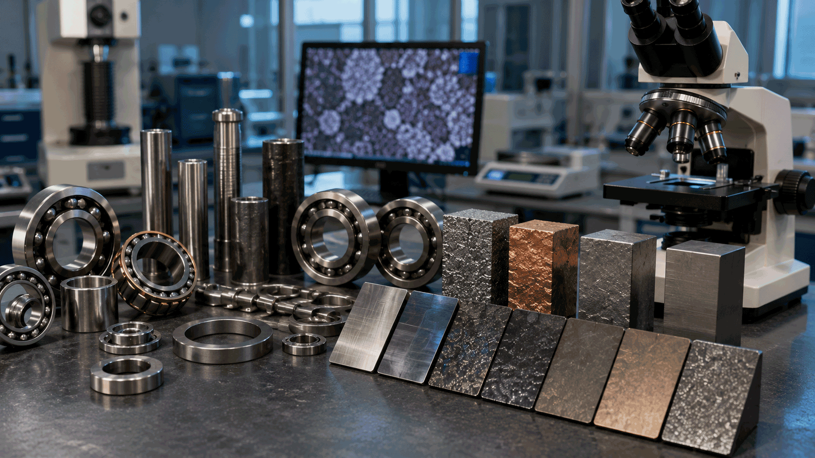 Laboratorio industrial con piezas mecanizadas, muestras metálicas y microscopio metalúrgico
