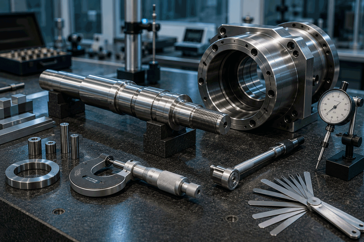Eje mecanizado, alojamiento industrial e instrumentos de metrología sobre mesa de inspección