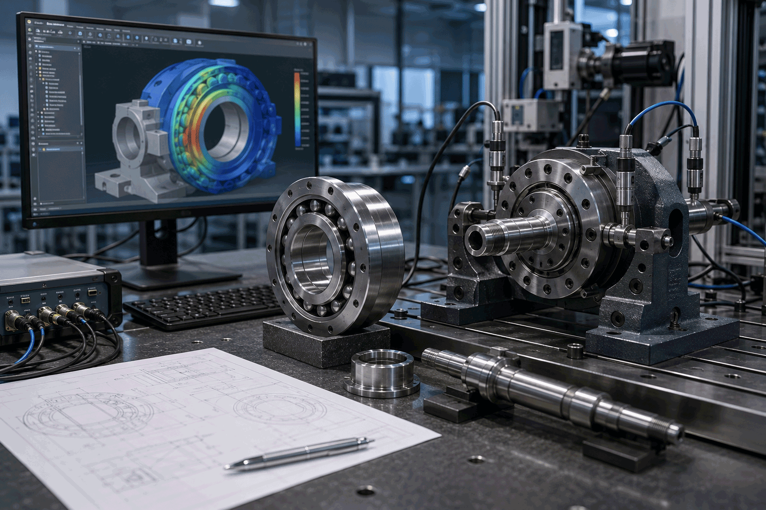 Banco de ensayo industrial con pieza mecánica, sensores y modelo de simulación en pantalla