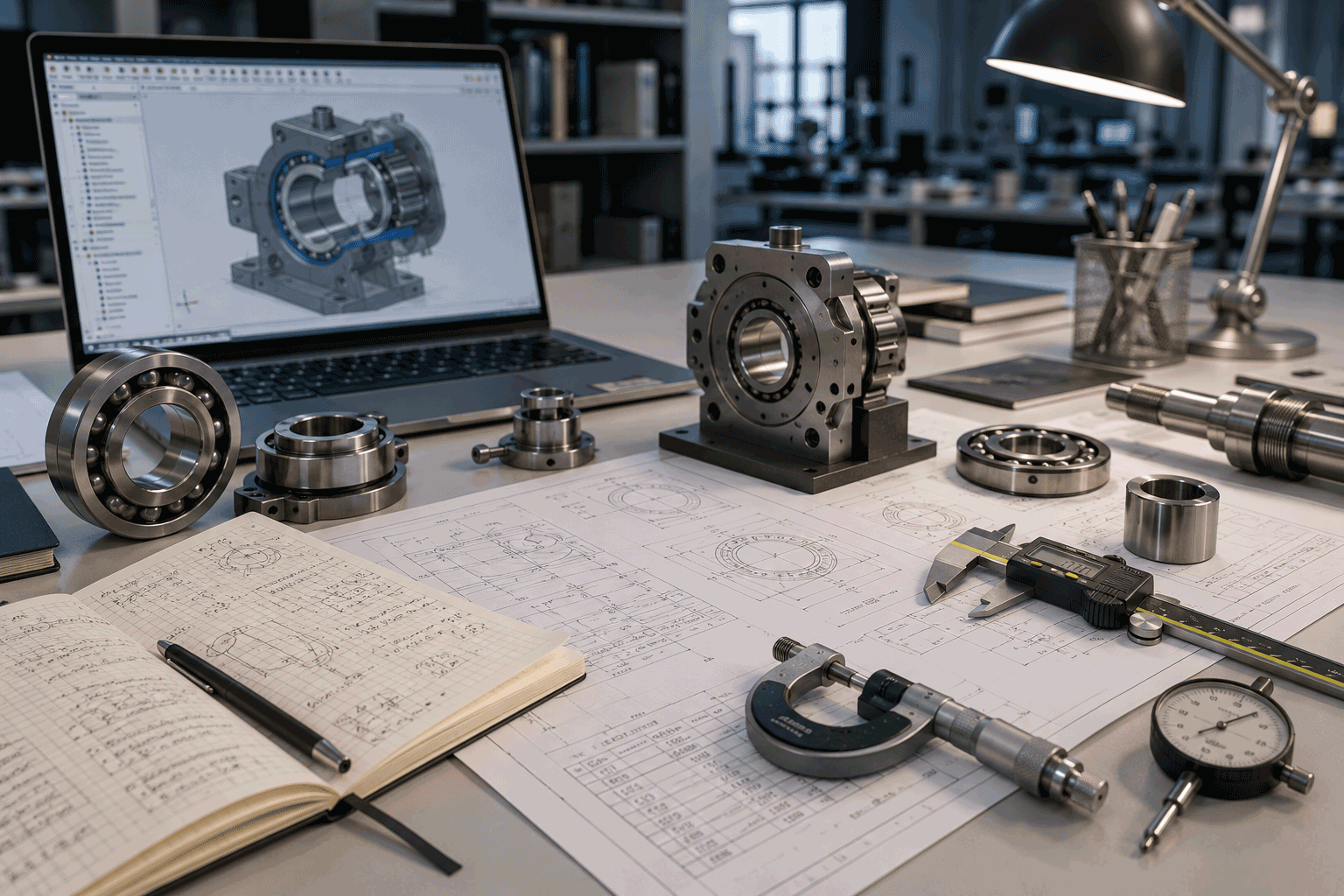 Mesa de ingeniería con soluciones mecánicas, planos, instrumentos de medida y ordenador con modelo CAD