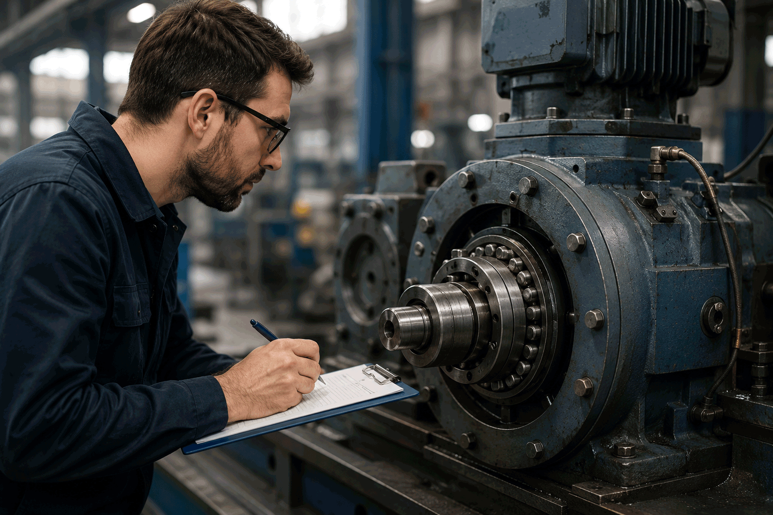 Técnico analizando una aplicación industrial y registrando información