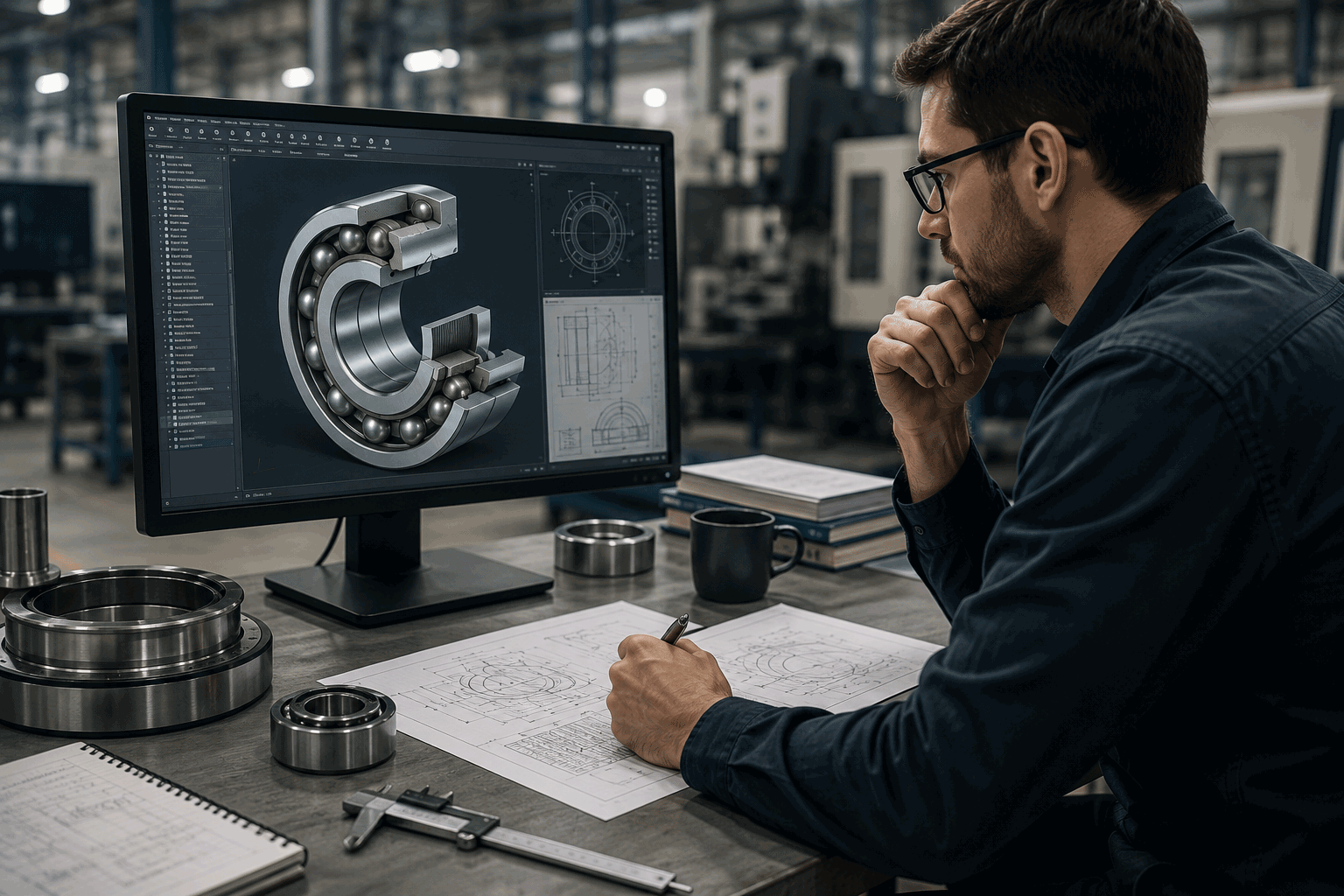 Ingeniero desarrollando una solución mecánica con modelos CAD, planos y componentes industriales