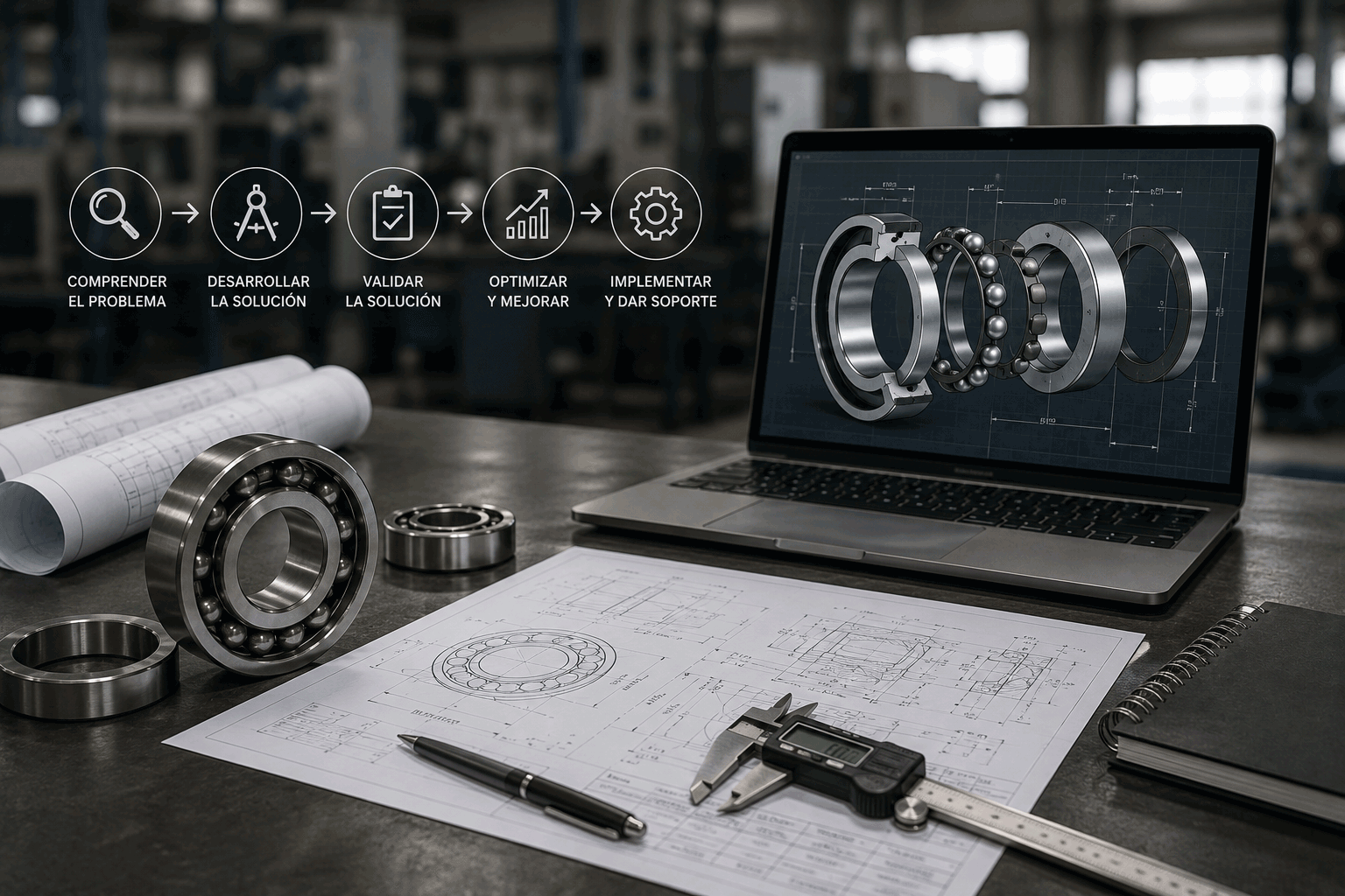Mesa de ingeniería con planos, componentes mecánicos y modelo CAD de una solución industrial
