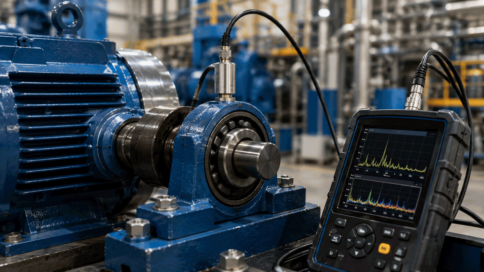 Conjunto mecánico industrial monitorizado con sensor de vibraciones y analizador portátil